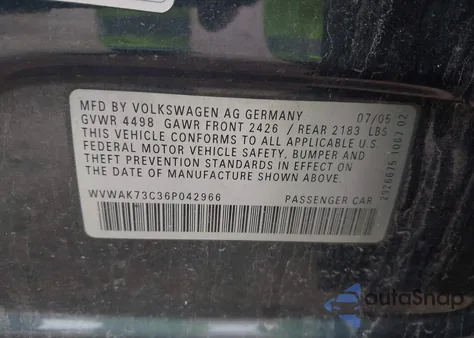 2006 Volkswagen Passat 2.0T from USA, damaged, VIN WVWAK73C36P042966
